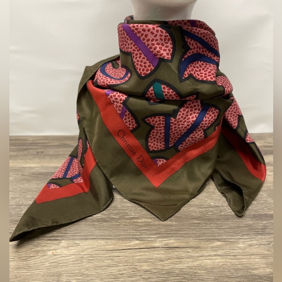 Vintage Christian Dior Silk Scarf Olive Green Red Pink Abstract Floral Designer - Picture 1 of 9